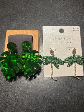 Green Tropical Leaf Earrings Paired With Green Dragonflies.